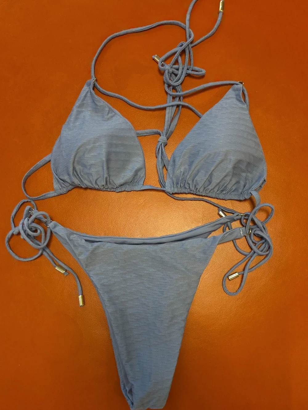 Monday Swimwear Powder Blue Ribbed Triangle Tie-Side Bikini Gold Sz V XL 12-14